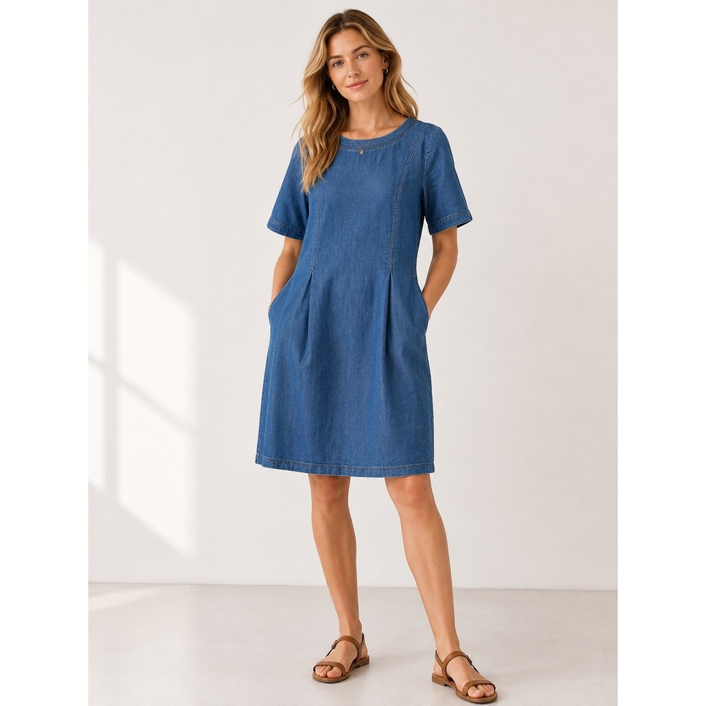 Boden Blue Denim Shift Dress Short Sleeve Back Zip Pockets US 14L W0218